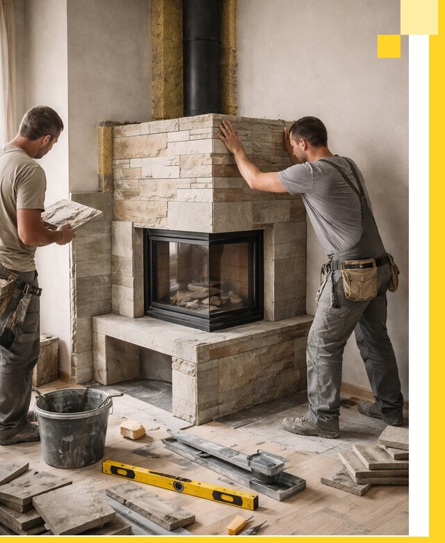 Угловые камины под ключ проект, монтаж и отделка в Новомосковске