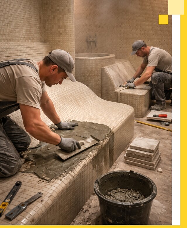 Лежаки для хамама под ключ в Новомосковске, проект и монтаж