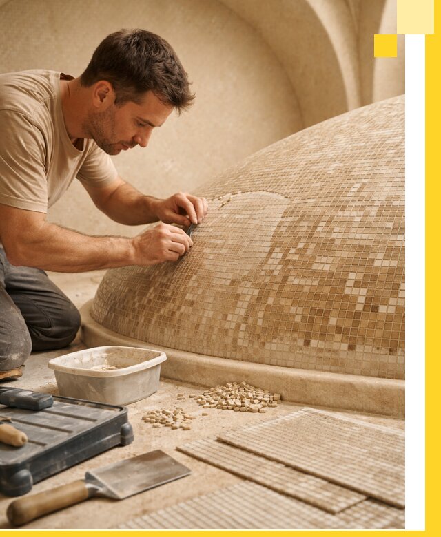 Профессиональная укладка мозаики для хамама под ключ в Новомосковске